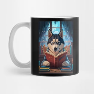 Cute Siberian husky reading book Mug